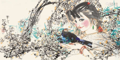 林墉（b.1942） 甲戌（1994年）作 梅花少女 镜框 设色纸本