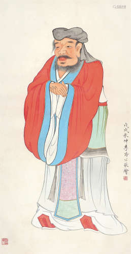 李凤公（1884～1967） 戊戌（1958年）作 孔子像 镜框 设色纸本