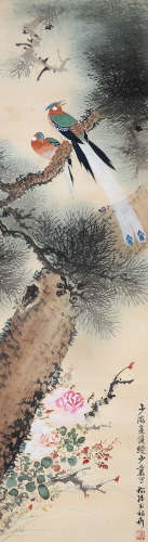 鲍少游（1892～1985）  叶少秉（1896～1968）  何漆园（1899～1970） 双寿 立轴 设色绢本