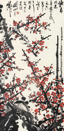 关山月（1912～2000） 戊午（1978年）作 红梅 立轴 设色纸本