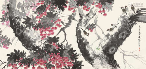 叶绿野（b.1922） 壬申（1992年）作 红荔小鸟 镜片 设色纸本