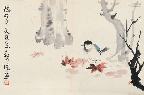 郑乃珖（1912～2005） 枫叶小鸟 镜片 设色纸本