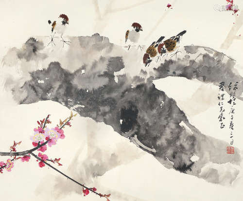 叶绿野（1922～2016） 庚午（1990年）作 桃花小鸟 镜片 设色纸本