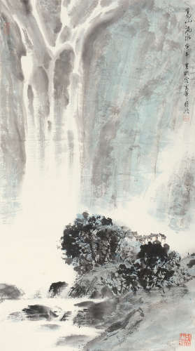 亚明（1924～2002） 庚午（1990年）作 高山流水 立轴 设色纸本