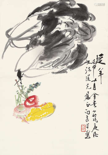 丘丙良（b.1938） 壬申（1992年）作 延年 镜片 设色纸本