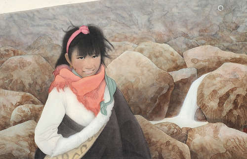 曹小钦（b.1948） 小女孩 立轴 设色纸本