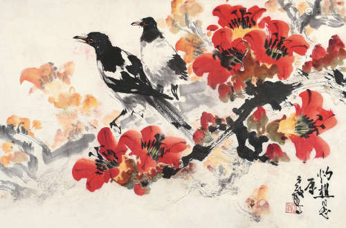 陈子毅（b.1919） 红棉喜鹊 镜片 设色纸本