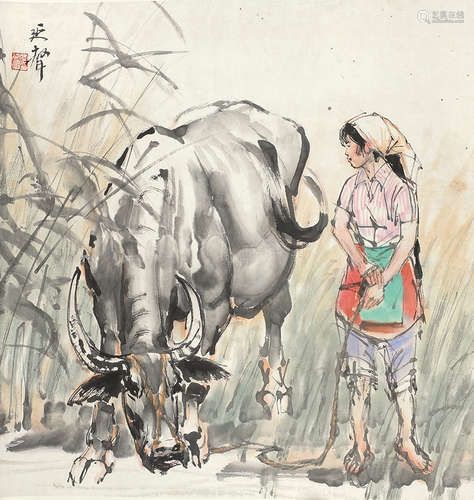 李延声（b.1943） 牧牛图 立轴 设色纸本