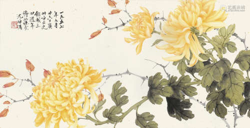 沈仲强（1893～1974） 1957年作 菊花 镜片 设色纸本