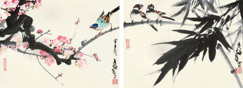 陈子毅（b.1919） 甲子（1984年）作 花鸟 （两帧） 镜片 设色纸本