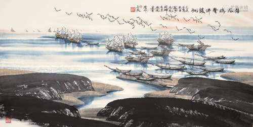 邓子敬（b.1943） 己丑（2009年）作 碧海鸥声伴银帆 镜片 设色纸本