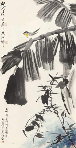 唐云（1910～1993） 乙丑（1985年）作 芭蕉竹雀图 立轴 设色纸本