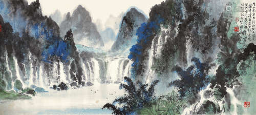李国华（b.1923） 癸未（2003年）作 南宁德天瀑布 镜片 设色纸本
