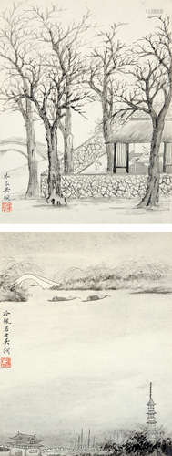 吴琴木（1894～1953） 风景 （两帧） 镜片 水墨纸本