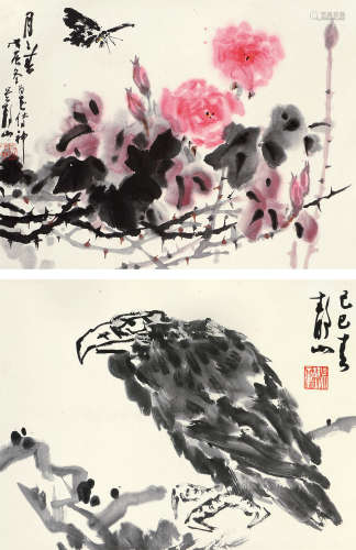 吴静山（b.1943） 戊辰（1988年）、己巳（1989年）作 蝶恋花·鹰（双挖） 立轴 设色纸本