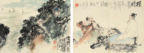 冯建吴（1910～1989）  沈道鸿（b.1947） 1984年作 凌云小景·棋悟图 镜片 设色纸本