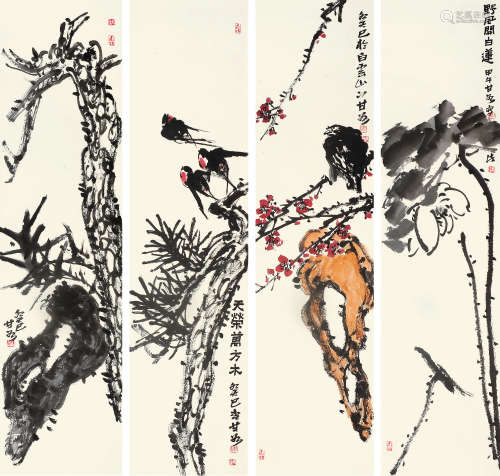 甘谷（b.1971） 癸巳（2013年）、甲午（2014年）作 花鸟 （四屏）镜片 设色纸本