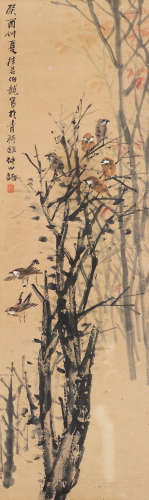 陆伯龙（1897～1989） 癸酉（1933年）作 枯树群雀 立轴 设色纸本