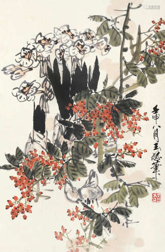 王玉珏（b.1937） 壬申（1992年）作 花卉 立轴 设色纸本