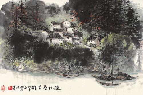 任桂森（b.1948） 壬午（2002年）作 渔村春早 镜片 设色纸本