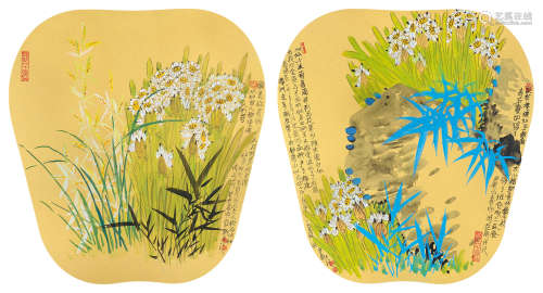 李亚新（b.1934） 癸巳（2013年）作 兰花水仙 （两帧） 镜片 设色纸本
