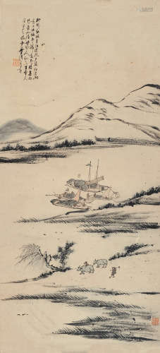 梁于渭（？～1912） 江村一景 镜片 设色纸本