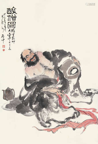 伍启中（b.1944） 甲子（1984年）作 醉僧图 立轴 设色纸本