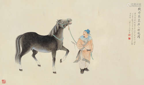 陆小曼（1903～1965） 丁酉（1957年）作 钱舜举摹唐人神骏图 镜片 设色纸本