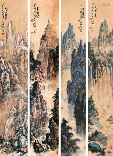 李硕卿（1908～1993） 1991年作 四季山水 四屏镜片 设色纸本