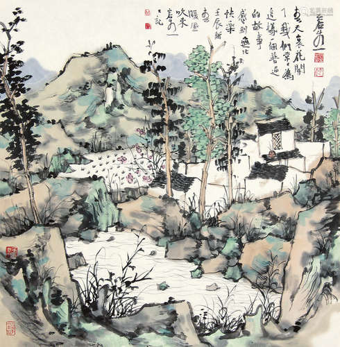 林容生（b.1958） 2008年作 水边有花开着 托片 设色纸本