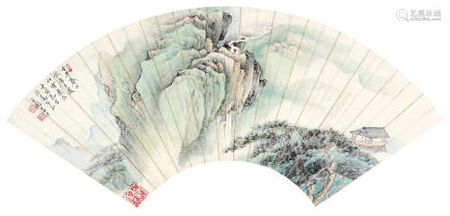 张石园（1898～1959） 1942年作 松云图 扇片 设色纸本