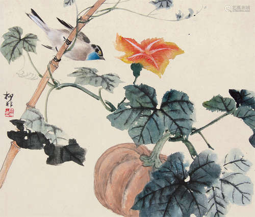 陆抑非（1908～1997） 花鸟 镜片 设色纸本