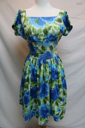 1960's Blue Green Vicky Vaughn Floral Cocktail Dress