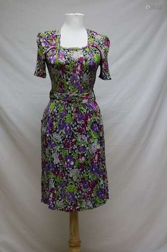 1940's Rayon Jersey Floral Dress