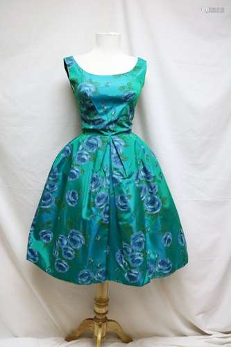 1960s teal rose print dress