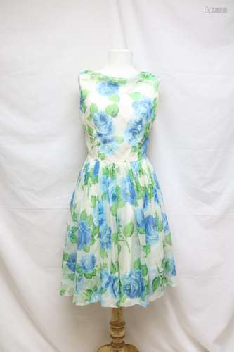 1960s blue rose chiffon dress