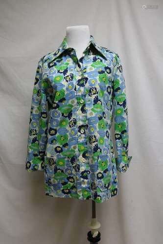 1970s blue poppy print smock shirt