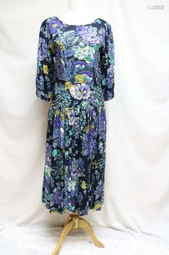 1990s dark floral rayon dress