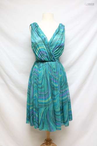 1960s teal swirl chiffon dress