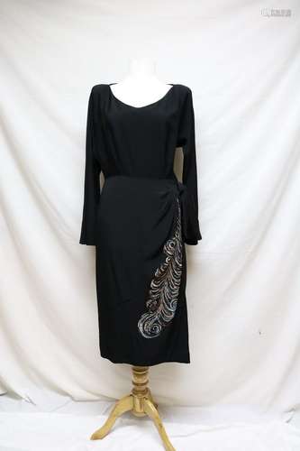 1950's Black Rayon Dress with Hand Painted Feather & Beading