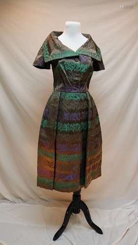 Late 1950's Ikat Striped Dress with large shawl Collar by Elmoor