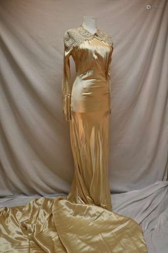 1930's Satin and Lace Wedding Gown with Cathedral Train