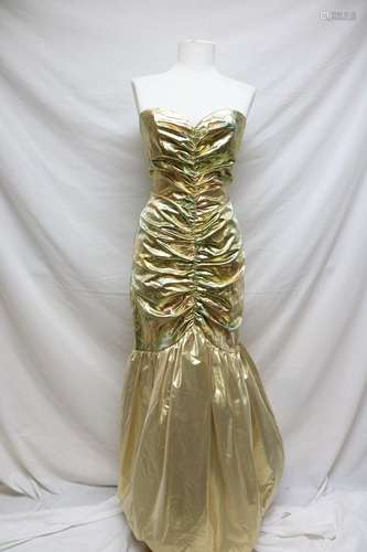 1980s metallic gold strapless gown