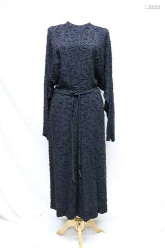 1940's Swirl Beaded Dress, Black Rayon Crepe
