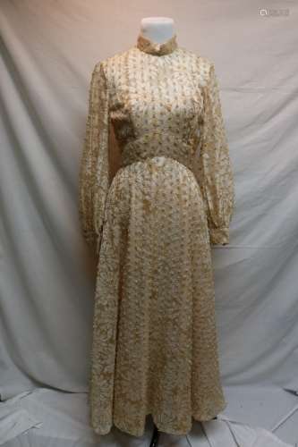 1960's Champagne Floral Gown, Metallic Gold Tinsel Swiss Dot by Rose Taft