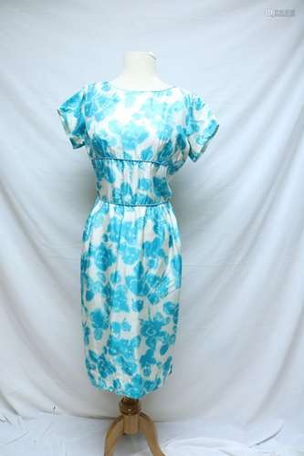 1960's Aqua & White Silk Dress