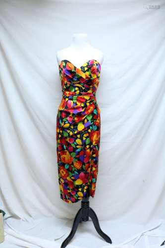 1980's Neon Floral Silk Strapless Dress by A.J. Bari
