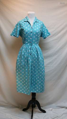 1950/60 Aqua Polka-dot Shirt Waist Dress