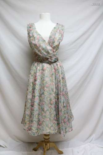 1960s pastel floral chiffon dress