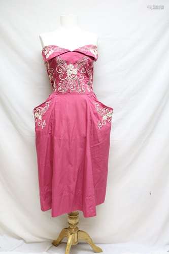 1950's Fuchsia Cotton Strapless Dress with Ivory Soutache